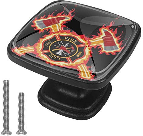Lot de 4 boutons d'armoire en forme de croix de pompier avec haches flammes pour placard de cuisine, salle de bain, commode, carré (30 mm)