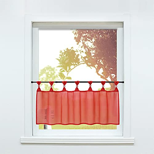 SCHOAL Scheibengardine Voile Bistrogardinen mit Schlaufen Küche Gardinen Transparent Stores Vorhänge Kurzgardine Uni Rot 1 Stück HxB 60x145cm