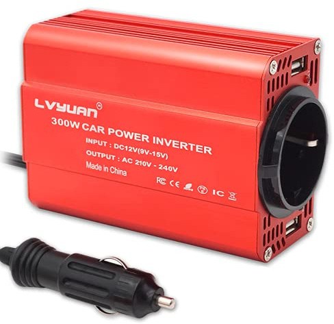 LVYUAN 300W Wechselrichter DC 12 V auf 230V AC Spannungswandler Auto Konverter mit Dual USB Ports & EU Steckdosen Stromumwandler, Rot Aluminiumlegierung Körper