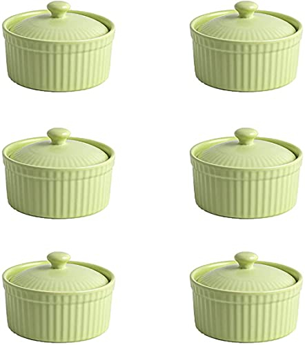 YRHH 6Pcs Oven Bowl with Lid Souffle Mold Ceramic Desserts Snacks Bowl Heat-Resistant Baked Pudding Bowl 6 Colors-Green