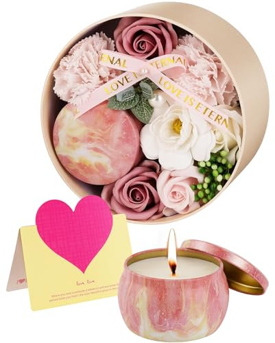 ANBET Women Soaps Flower Round Box with Scented Candle Personalised Gifts for Mum Roses Flowers Birthday Mothers Valentines Teachers Day Anniversary Christmas