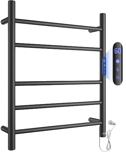 Aetoxb Scaldasalviette riscaldato per bagno nero opaco 304, scaldasalviette a parete, scaldasalviette elettrico con timer integrato a LED, scaldasalviette in acciaio inox con 5 barre riscaldate