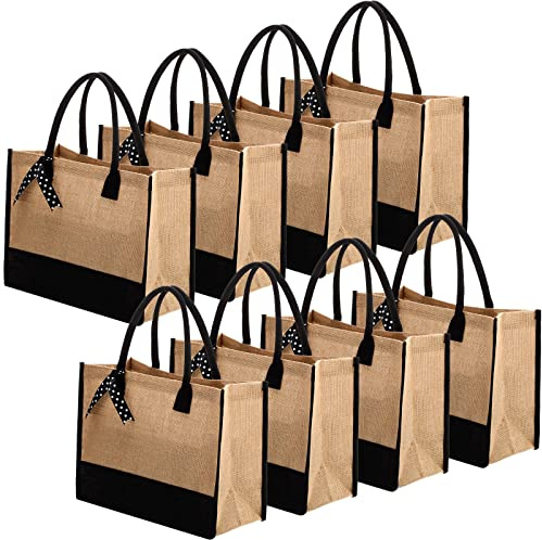 Peryiter 8 Pcs Black Burlap Tote Bag Set Jute Totes with Handles Large Reusable Burlap Grocery Bags with Polka Dot Ribbon for Bridesmaid Birthday Gift Travel Shopping DIY, 15.8 x 11.8 x 6.7 Inches