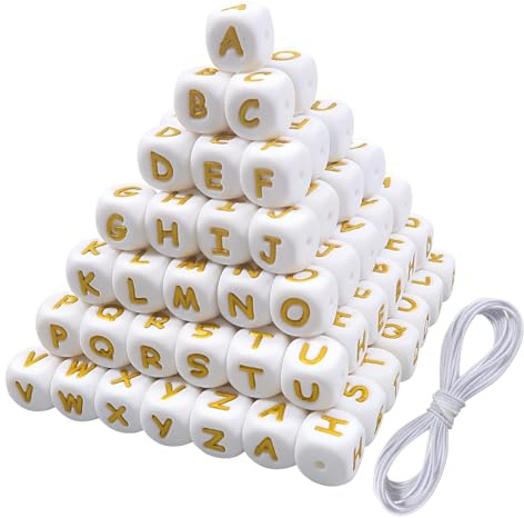 TOAOB 52pcs Perles Lettres Alphabet Silicone pour Bracelets Cube 12 mm Alphabet Perles Carrées Grand Trou Blanc avec Or Lettres A à Z pour DIY Fabrication de Bijoux Colliers Fantaisie Porte-Clés