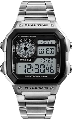 Nicoone Herren Digital Armbanduhr, Chronograph mit LED-Hintergrundbeleuchtung, 50 m Wasserdicht, Edelstahlarmband (Silber)