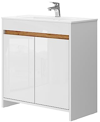 Vicco Waschbeckenunterschrank Lemgo, Weiß Hochglanz, 79.8 cm | besteht aus Badunterschrank und Waschbecken
