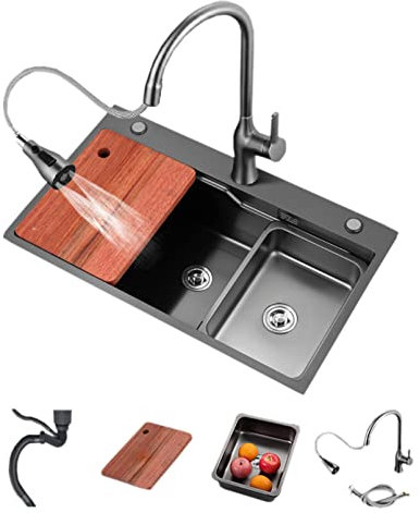 Waschbecken Küchenspüle 4,0 mm Edelstahl-Waschbecken Küche Nano handgefertigte Spüle unter dem Aufsatzwaschbecken für Heimküchenbalkone (Farbe: Schwarz, Größe: 65–45 cm)