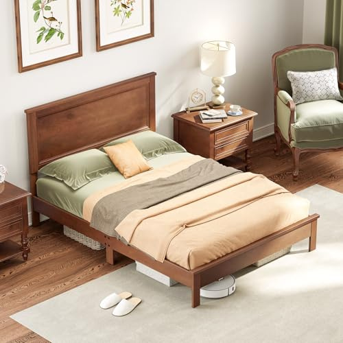 Giantex Wood Full Platform Bed Frame with Headboard, Mid Century Bed Frame with Solid Wood Legs & Wooden Slat Support, Pallet Bed Mattress Foundation, No Box Spring Needed