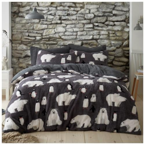 GC GAVENO CAVAILIA Teddy Bear Plain Reversible Winter Polar Bear Fleece Duvet Cover, Thermal Warm & Cosy Sherpa Fluffy Grey King Size Bedding Set