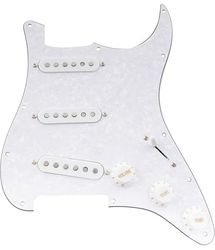 Musiclily Pro SE Standard SSS Battipenna Precablato Pre-Wired Loaded Pickguard con Staggered Alnico 5 Single Coil Pickups per Chitarra Elettrica tipo Strato, 4 strati White Pearl