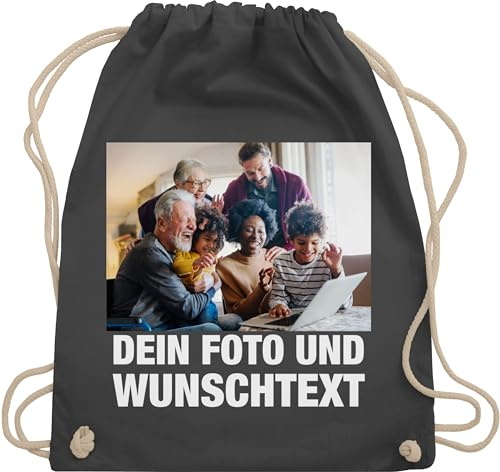 Turnbeutel Rucksack - Geschenk mit Bild I eigenem Foto I Name I eigener Text I Wunschtext - Unisize - Dunkelgrau - kinder kita wechselkleidung beutel selbst drucken diy stoffbeutel
