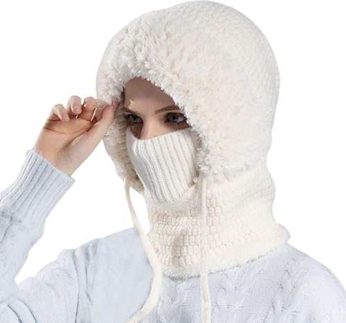 Schalmütze Damen,Winter Damen Strickmütze mit Ohrenschutz Warm Skimütze mit Schal Winter Sturmhaube Baseball Mütze Wintermütze mit Bommel Wintermütze mit Plüschfutter Outdoor Radfahren Skifahren