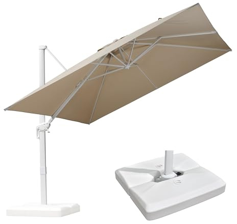 PURPLE LEAF Ombrellone da Giardino 3 X 3 m con Base, Ombrellone Decentrato Esterno Tela 240 g/m² Protezione UPF 50+ con Inclinabile e Rotabile a 360° per Balcone Terrazzo Piscina, Beige