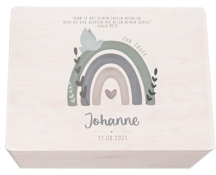 hellomini Taufgeschenke - Personalisierte Erinnerungsbox Taufe aus Holz - Taufgeschenke für Mädchen - Taufgeschenke Jungen - Taufe Geschenk (Regenbogen Taube Druck, S: 30x20x14cm)