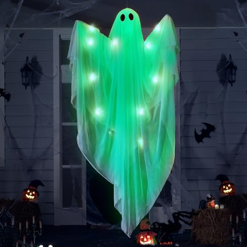JOYIN 47” Green Halloween Light Up Hanging Ghost Decorations, Spooky Green LED Light, Hanging Ghosts Halloween Decor, Outdoor Indoor, Front Yard Patio Lawn Garden Party Decor