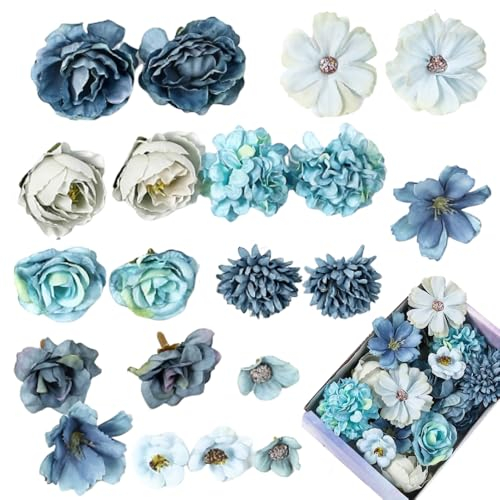 Sctmda Teste di Fiori Artificiali Decorazioni 20 Pezzi Finte Mini Testa di Fiori Capolini di Seta Finti Mini Fiori Simulati Blu Seta Teste di Rose Fiori Artificiali Daisy per DIY Decorazione Domestica