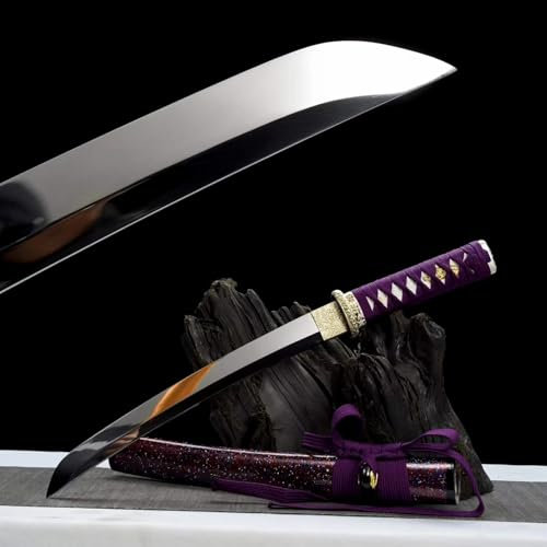 Handgefertigtes SamuraiSchwert【Die Schönheit kalter Waffen】 55cm Katana aus Manganstahl mit Naturholz Scheide,Japanisches Wakizashi für Cosplay,Geschenk,Dekor,Ausstellung,Sammeln,Kampfsport