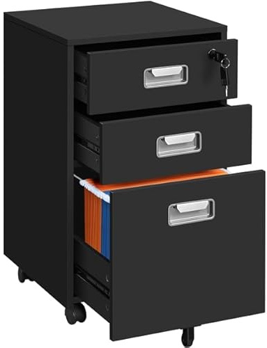 Yaheetech Caisson de Bureau Mobile avec 3 Tiroirs, Verrouillable, Rangement Bureau pour Document A4/Lettre, Dossier Suspendu, Support d'Imprimante à roulettes, 40 cm L × 40 cm l × 66 cm, Noir