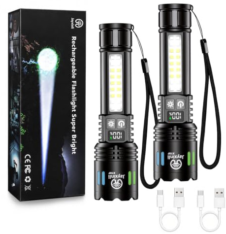 Jayxinli 2 Pack Torches LED Super Bright 1000,000 Lumens Rechargeable | LCD Power Display Dual Switch 7 Modes Zoomable Waterproof For Camping Dog Walking Emergency Outdoor Hiking Pocket Case Home