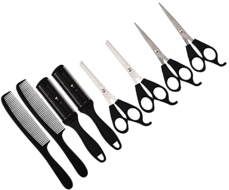 Healeved Professionelle Haarschere Scheren Kamm aus Edelstahl 8 Stück Haarstyling Werkzeug für Friseursalon und Barbershop Schwarz Praktisch