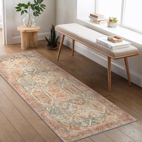 BEIMO Läufer Flur 80x150cm, Vintage Waschbarer Teppich Clay | Boho Orientalisch Wohnzimmerteppich, Weicher Kurzflor Klein Carpet mit Rutschfester für Eingang, Bettvorleger Schlafzimmer