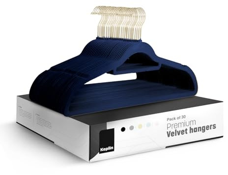 KEPLIN Sammetshängare 30-pack (41,5 cm) – halkfria klädrockshängare med slipstång och 360 graders krok för hemförvaring, hållbar, robust och platsbesparande garderob (marinblå, 30-pack)