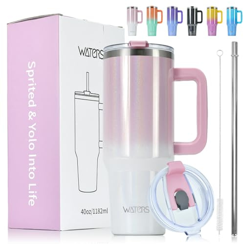 WATERSY 1182 ml Vaso con Pajita, Taza de Café con Asa, Vaso Termico Acero Inoxidable para Frío y Caliente, Termo de Agua Doble Pared, 40oz Travel Mug para Gimnasio, Viaje (Blanco Brillante)