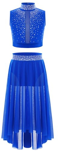 Freebily Klassisk Lyrisk Dans Klänning Flickor Ballettkläder Modern Modern Modern Crop Toppar Midi Kjol Skridskoklänning Latin Dansdräkt, Blå, 13-14 anni