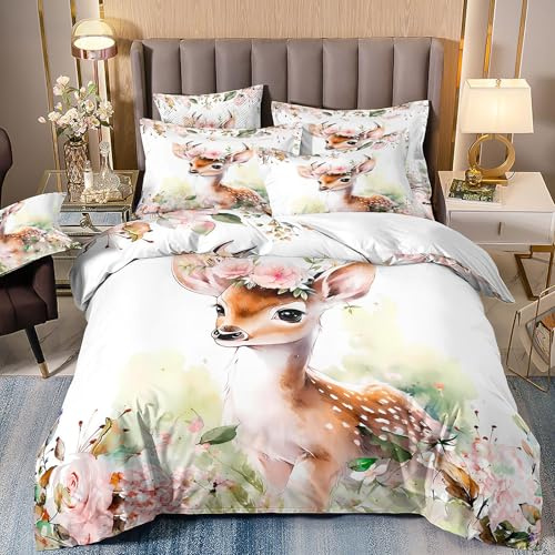 VOGIAY Bettwäsche 135x200, REH und Floral Drucken Muster Kind Bettwäsche Set, Jungs Mädchen Cartoon Tier Bettbezug aus Mikrofaser mit 1 Kissenbezug 80x80 Dekor Bettdeckenbezug