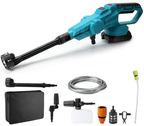 Nettoyeur haute pression sans fil 21 V | 200 bar moteur sans balais et buse 6 en 1, pistolet nettoyeur haute pression portable, à piles, pour voiture, jardin, terrasse (sans batterie)