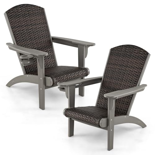 LIFEZEAL Adirondack Stuhl Outdoor, Gartenstuhl PE-Rattan, Gartensessel mit gepolstertem Sitz, Armlehnen & Getränkehalter, Wetterfeste Gartenliege (Grau)