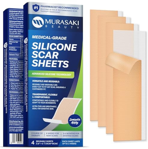 Silicone Scar Sheets for Surgical Scars: Silicone Gel Sheets for Keloids, Burns, Abrasion and C-Section - Safe for Adults and Children - Breathable, Skin-Friendly and Waterproof Silicone Tape 4PCS