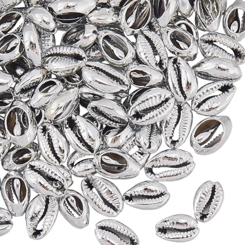 PONABEADIY 1 caja de 100 cuentas de Concha Cauri Plateadas con la Parte Trasera Abierta, Naturales, Galvanizadas, de Verano, Conchas Marinas Hawaianas, para Hacer Joyas, Pulseras, Collares Y Manualida