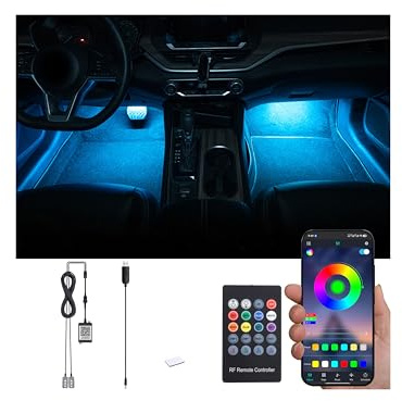 QAUBEN RGB Auto Fußraum Umgebungsbeleuchtung Kit USB 16,7 Millionen Farben Sound Aktive Musik Sync APP Steuerung + RF Fernbedienung Auto Innenraum Mehrfarbig Fußraum Atmosphäre Licht