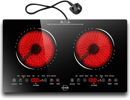 Hobsir Plug in Ceramic Hob, 2 Ring Electric Hob 60 cm | Timer, Child-Safety Lock, Touch Control, 9 Power Level, 3200W, 13 Amp