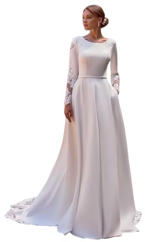 TSxuelian Vestido de novia de satén de manga larga con apliques de encaje, vestido de novia acampanado, blanco, 38