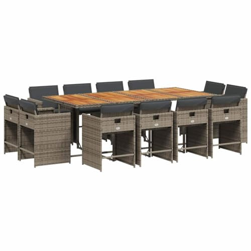vidaXL Garten Essgruppe 13-TLG., Gartenmöbel Set Tisch mit Holzplatte 12 Stühle, Gartengarnitur mit Kissen, Sitzgruppe Terrasse, Grau Poly Rattan