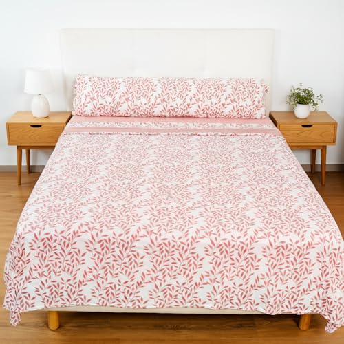 H HANSEL HOME Juego de Sábanas Termicas 3 Piezas Pirineo para Cama de 150x190cm, Sábanas Polares de Invierno Ultra Suave, Incluye Sabana Bajera + Encimera + Funda de Almohada - Hojas Rosa
