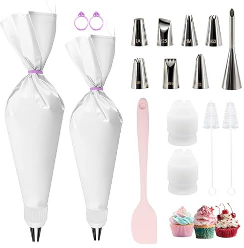 ZYNERY Profi Spritzbeutel mit Tüllen Set, 16 Stück Spritztüllen Set mit 2 Spritzbeutel Wiederverwendbar (30CM+35CM) 8 Edelstahl Spritztüllen, Spritzsack mit Tüllen Profi für Torten Plätzchen Gebäck