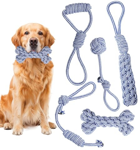 BINXWA 5 Stücke Hundespielzeug Seil,Blaue Hundespielzeug Set Interaktives Kauspielzeug Hund,Geeignet für Welpen, Große und Mittelgroße Hunde,hundespielzeug Unzerstörbar(blau)