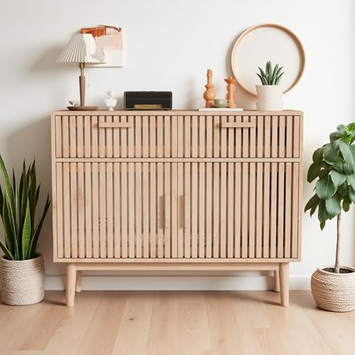 Julyue Byrå med 2 Lådor och 2 Dörrar i Trä med Omfallskydd, Skandinaviskt Designbyrå med Förhöjda Ben 20cm, 60cm Bred, Trähandtag (Naturligt Trä, 100 × 35 × 80 cm)