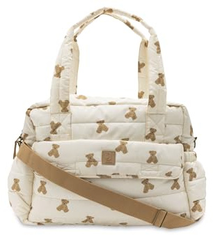 Jollein Wickeltasche Mini Teddy Bear – Stylische Wickeltasche mit Bärchen-Print – Wasserabweisend & Pflegeleicht – Mit Schultergurt & Wickelunterlage – 42x30x18cm – Recyceltes Polyester