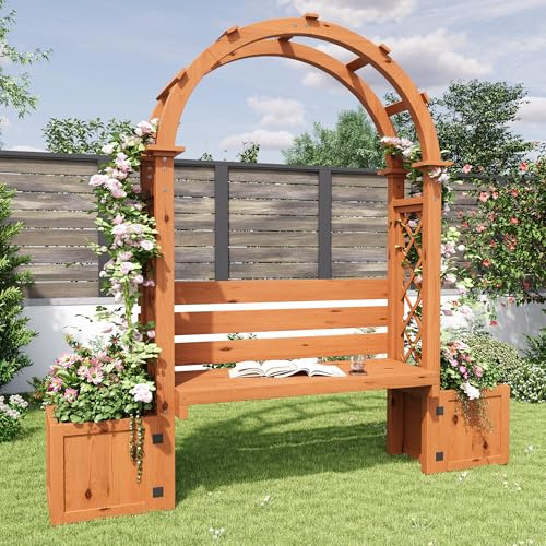 Httcg Pflanzkübel Pflanzkasten mit Rankgitter und Sitz, Blumenkasten Holz mit Gewölbtes Design und Rückenlehne, Pflanzkübel Outdoor für Garten Hof Terrasse, Mehrzweck Gartenmöbel, Natur
