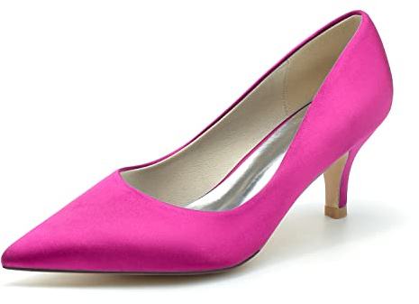 HFWXYSA Escarpins Femme en Satin Blanc à Bout Pointu Petit Talon 6cm Chaussures de Mariage Mariée Soirée Cérémonie,Fuchsia,36 EU