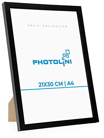 PHOTOLINI Bilderrahmen A4 Schwarz Holz MDF, DIN A4 Bilderrahmen 21x30 cm, bruchsicheres Acrylglas, picture frame zum Aufhängen & Aufstellen, Rahmen 30x21 für Fotos & Poster