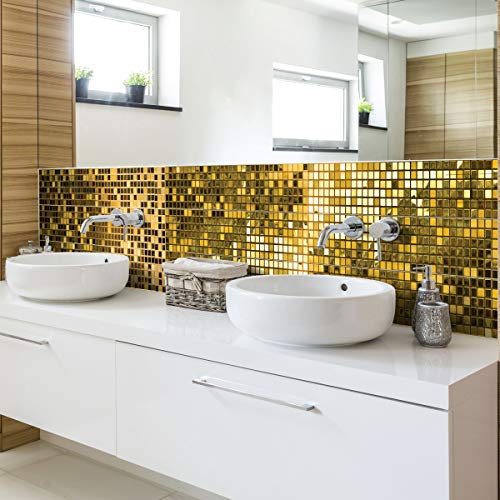 Ambiance Sticker Pack de 6 Stickers Adhésifs Frises Carrelages - Autocollant Frises Carreaux de Ciment - Mosaïque Effet Doré Mural Salle de Bain, Cuisine - 6 Pièces de 5 x 30 cm