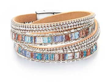 Fesciory Leather Wrap Bracelets for Women, Boho Leopard Multi-Layer Crystal Beads Cuff Bracelet Jewelry (Colored Rhinestone)