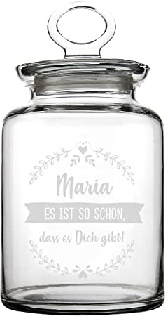 Herz & Heim® Glasdose mit Deckel und Gravur Ihres Wunschtextes in 3 Zeilen