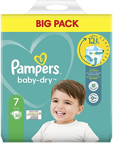 Pampers Baby-Dry storlek 7, upp till 12 timmars allround-läckageskydd, 15 kg+, 50 blöjor