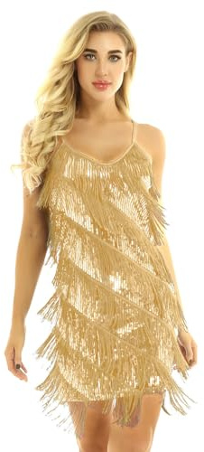 YOOJIA Damen Abendkleider mit Pailletten Fransen Tanzkleid Latein Kleid Rumba Cha Cha Tango Samba Quaste Glitzer Kleid Cocktail Partykleider